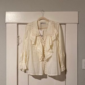 Brand NWT Cream Zara Ruffle Button Down with Crochet Lace Trim